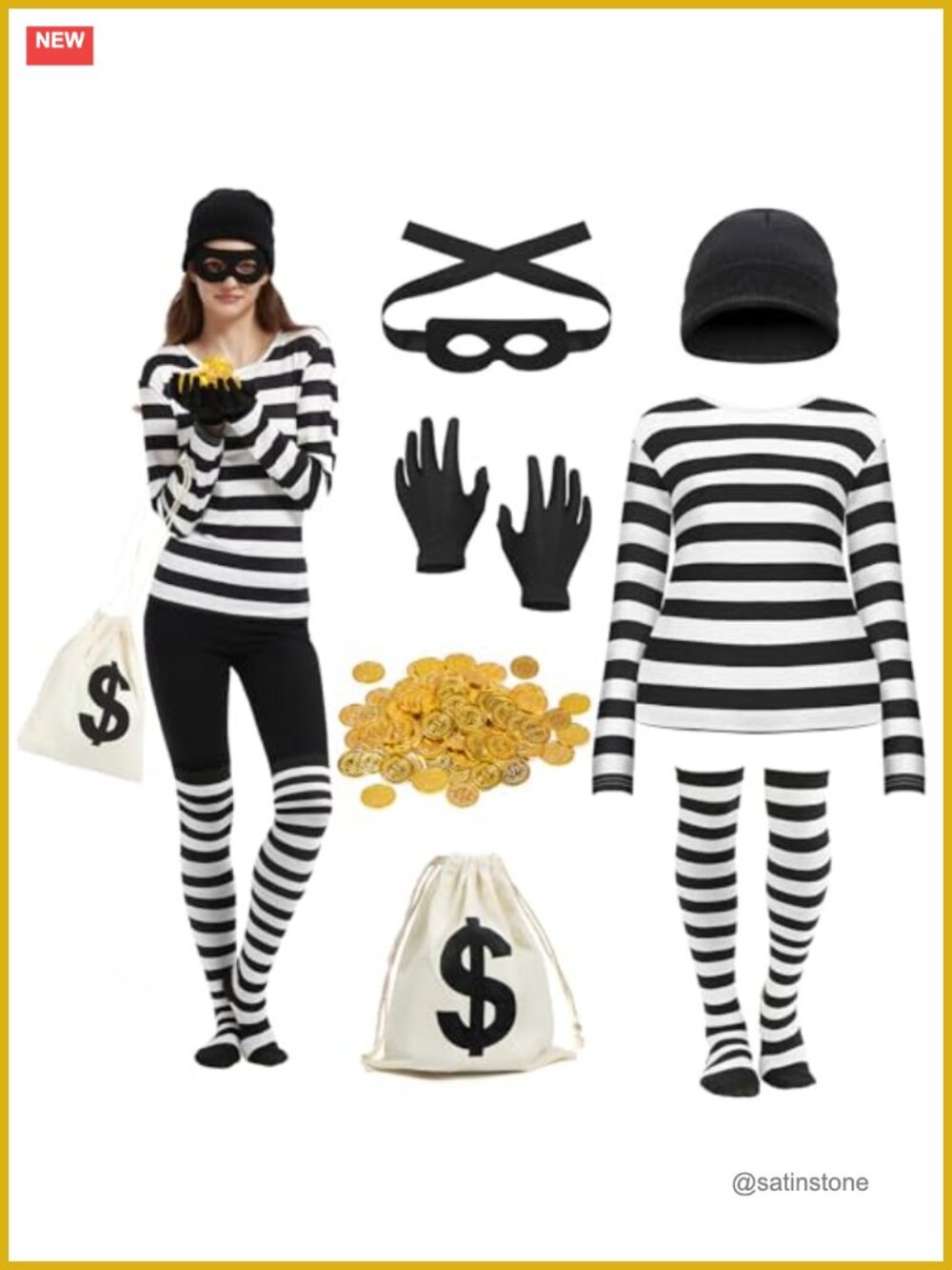 Women's Robber Costume Set 7 Pieces Striped Shirt Mask Beanie Halloween